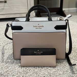 Kate Spade Tan/White Stacy satchel with matching wallet